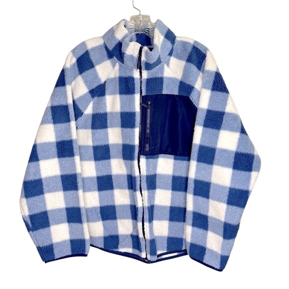 J. Crew Gingham Blue & White Sherpa Fleece Full Zip Jacket Womens Size XL - Picture 1 of 4